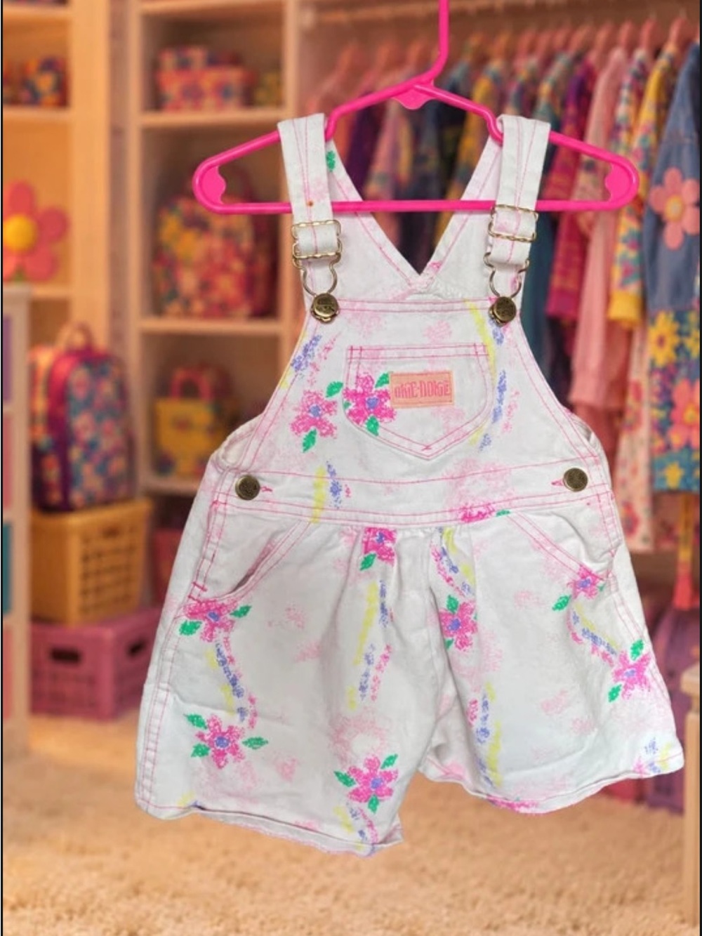 Vintage 90s Okie Dokie 3T Floral Wide Leg Shortalls Overalls USA Made Girls